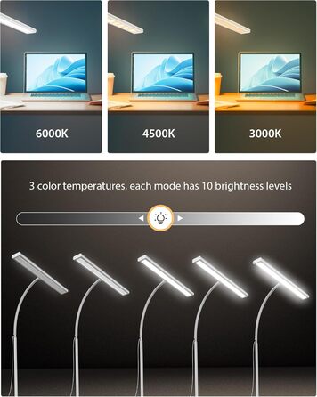 LED лампа для столу 10W з регулюванням яскравості - 160 LED, USB-адаптер, 3 колірні температури, 10 рівнів яскравості, гнучкий 30см шлангу, для дому та офісу, з пультом керування