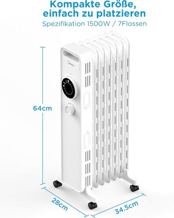 Електричний масляний радіатор Midea NY1507-22M 1500W, 7 секцій, з термостатом, білий