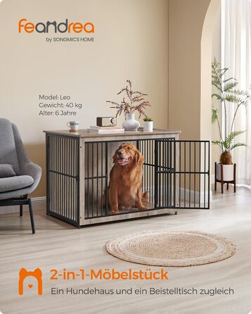 Клітка для собак Feandrea XL, меблева, з журнальним столиком, для собак до 37 кг, міцна, закритий дно, 2 двері, сірий меланж (110 x 76 x 82 см)