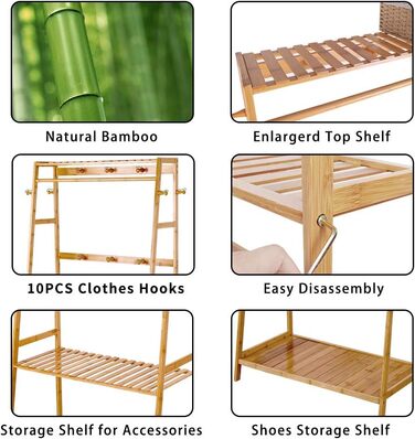Bamboo Coat Rack, Clothes Rack with 3 Shelves and 10 Hooks, Clothes Rail, for Hallway, Living Room and Office, 80x43.5x165cm