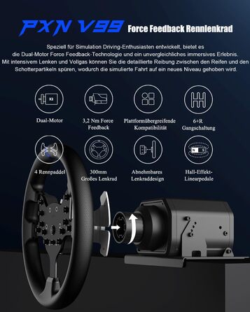 PXN V99 ігровий кермо з педалями та перемикачем передач – 3.2 Nm Force Feedback, 270°/900°, 11.8 дюймів, 4 лопаті перемикання передач, додаток Tools – кермо для PC, Xbox та PS4