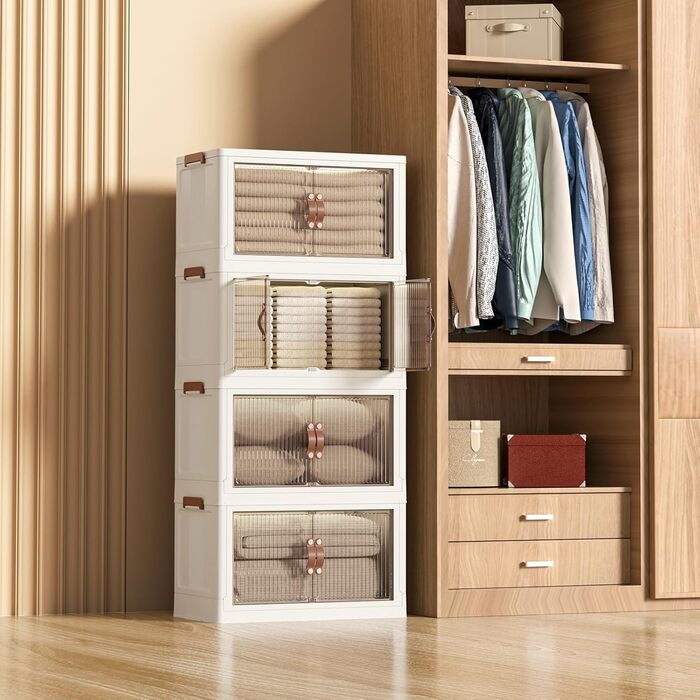 HOOBRO Storage Box with Lid, 41.6 L Plastic Storage Container with Wheels, 4 Pack Stackable Boxes with Doors, Foldable Storage Bins, White EWG442CW01