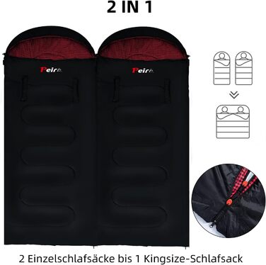 Спальний мішок для дорослих – широка прямокутна модель на 3 сезони з кишенею та сумкою для перенесення, 300 г/м² бавовна, водонепроникний, для кемпінгу, дому та відпочинку на природі, блискавка з правого боку