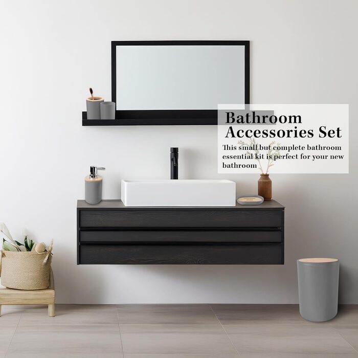 Набір аксесуарів для ванної кімнати Britimes, сірий: душова завіса, відро для сміття, дозатор мила, тримач для унітазної щітки, тримач для зубних щіток та стаканчик для зубних щіток