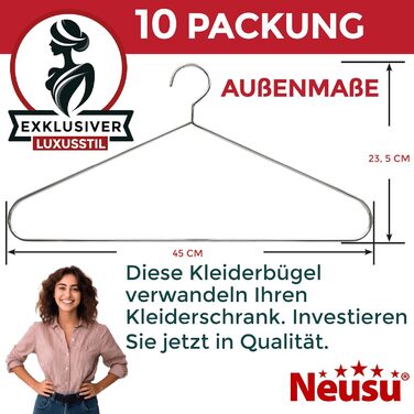 Neusu Clothes Hangers, Metal, Stable, 45cm x 5mm Thick Metal - Extra Strong Coat Hangers in Hotel Quality - (10 Pieces)