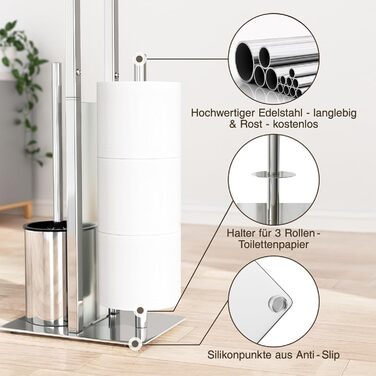 Stainless Steel Toilet Paper Holder with Brush & Shelf - Freestanding Toilet Roll Dispenser with Cover & Tray (Silver)