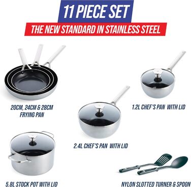 Набір посуду Blue Diamond Cookware (11 предметів): сковороди, каструлі з нержавіючої сталі з покриттям DiamantKeramik, антипригарне покриття, без PFAS, для індукційних плит, можна мити в посудомийній машині та використовувати в духовці, срібний колір