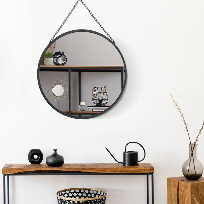 HOMCOM Wall Mirror Makeup Mirror Round Mirror Ø 50 cm with Decorative Mounting, Black Metal and Glass for Bathroom and Hallway