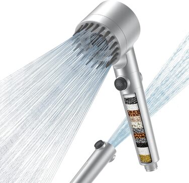 Showerhead with Filter MEKO High-Pressure Hand Shower with 15-Layer Filtration, 1.5M Hose, 3 Spray Patterns, Water-Saving Showerhead for Removing Hard Water, Residual Chlorine, Bacteria, and Heavy Metals (Silver)