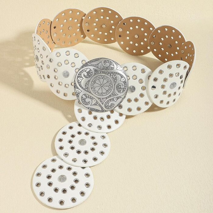 Жіночий шкіряний пояс LIMHOO з вирізами, білий, розмір XL (150 см) в стилі бохо вестерн