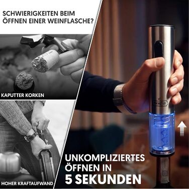 Електричний відкривачка для вин Twinz'up Korkenzieher Premium з фольєжолом та зарядною станцією, бездротовий, срібний