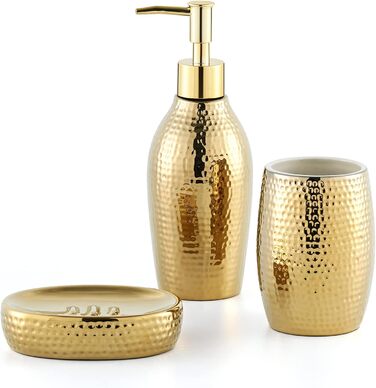 Набір дозатора мила Gold, 3 шт. Керамічний аксесуар для ванної кімнати: дозатор мила, мильниця та стакан для зубних щіток, розкішний дизайн для ванної та гостьового WC