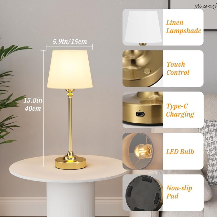LED настільна лампа бездротова з торшером з льону, сенсорне керування, регулювання яскравості, USB-C, для спальні, вітальні, мідна, 40 см
