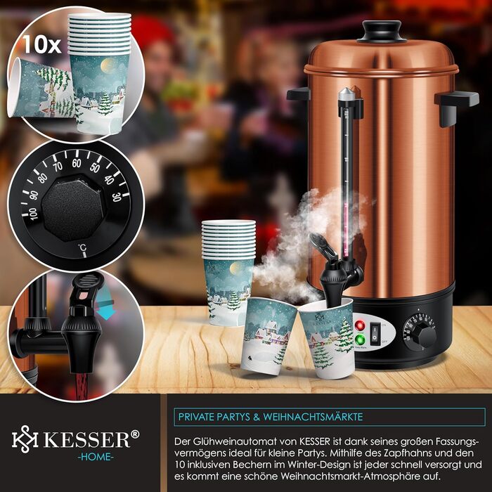KESSER® Mulled Wine Boiler 8L Stainless Steel Incl. 10x Cups Mulled Wine Cooker with Thermostat Mulled Wine Dispenser Hot Beverage Dispenser Kettle Hot Water Dispenser Canning Device Level Indicator Tap Black (8 Liters / Copper)