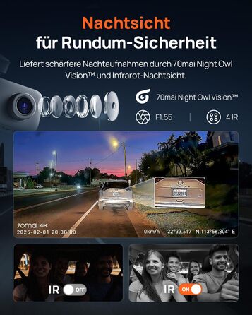 Автомобільний відеореєстратор 70mai T800E 4K 3-канальний (передній, внутрішній, задній) з HDR, ІЧ-нічним баченням, GPS, WiFi 6 та карткою пам'яті 64GB