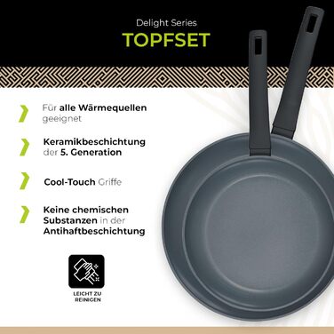 Набір сковорідок Be Living Delight 4 шт. (20/24/28 см + вок 28 см з кришкою), антипригарне покриття з кераміки, для індукційних плит, без PTFE та PFOA, чорний