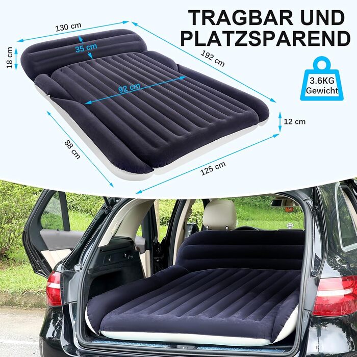 Надувний матрац SUV з 2 подушками – товстий, з фетром, для автомобіля – мобільні подорожі, кемпінг та відпочинок на природі – швидке надування та здування з електричним насосом