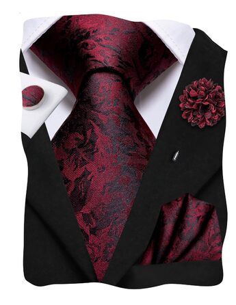 Набір краваток для чоловіків Hi-Tie: краватка, нагрудна хустинка, шпильки для краватки, запонки, формальний шовк, весілля, вечірка (чорний/червоний квітковий принт)