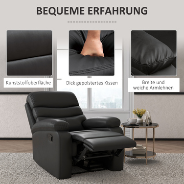 HOMCOM TV Recliner Chair with Reclining Function, 145° Recline, Footrest, Weight Capacity up to 125 kg, Foam, Faux Leather, W78 x D90 x H105 cm, Black | Aosom