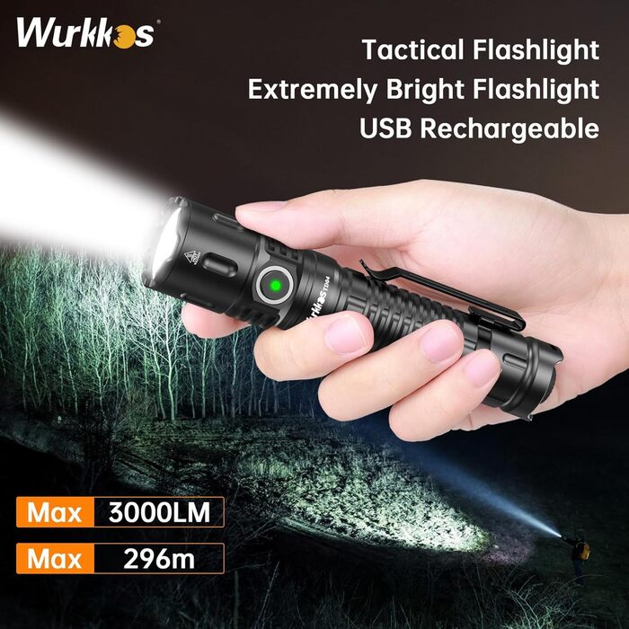 Wurkkos TD04 tactical flashlight 3000LM LED flashlight USB rechargeable, Torch light extremely bright LED flashlight with tactical switch, EDC flashlight 8 modes IP68 waterproof light camping