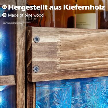 Wine Rack with LED Light, Flame Wood Look, Wall-Mountable with Cork Holder, for Wine Glasses, Whiskey Glasses, Bottle Holder Home Bar, Vintage, Gift
