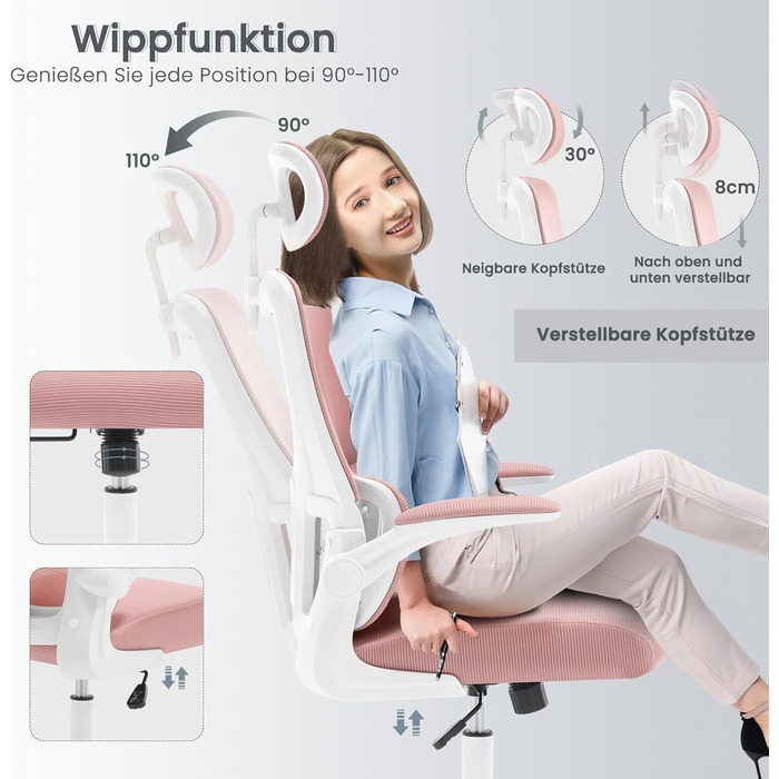 Офісний стіл Woltu: ергономічне крісло з функцією гойдання, регульована підголовник, обертові підлокітники, підтримка попереку, 150 кг, Рожевий