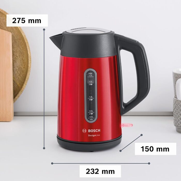 Електричний чайник Bosch DesignLine TWK4P434, 1.7 л, червоний: без розбризкування, індикатор рівня води, захист від перегріву