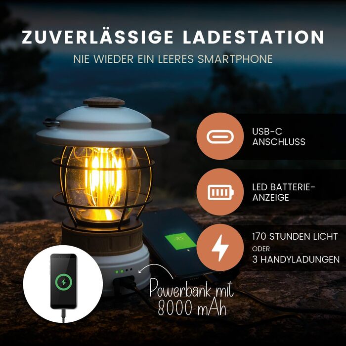 Castra Camping Gear Solis 3 Camping Lamp, 8000mAh Rechargeable Battery with Integrated Power Bank, Dimmable Light, IP44 Waterproof Outdoor LED Lantern, Light for Hiking (Cream White (Wood Effect))