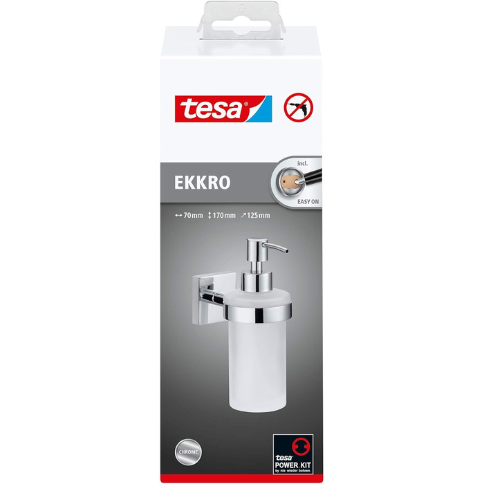 tesa EKKRO Soap Dispenser Set, satinized glass and chrome-plated stainless steel - Wall-mounted liquid soap dispenser without drilling, including adhesive solution - 70mm x 170mm x 125mm
