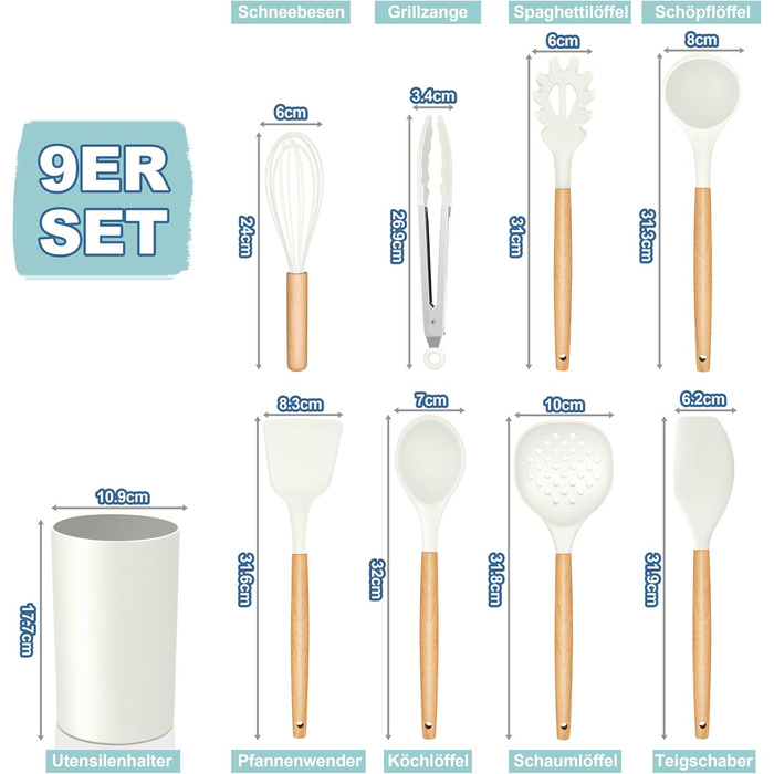 Набір кухонних аксесуарів Homikit 9 шт. з дерев'яною ручкою, чорний, з підставкою, антипригарне силіконове кухонне приладдя