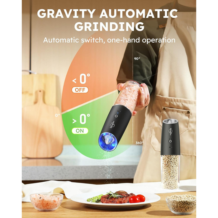 Електричний набір для солі та перцю Sangcon Gravity, 255г, USB-зарядка, LED-підсвітка, регулювання помелу, автоматичний млин (чорний)