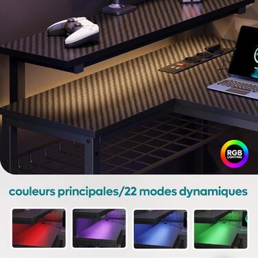 Кутовий стіл Bestier 132x80 см з розетками та LED-підсвічуванням, з полицями, для ПК, з гачками, чорний, з імітацією карбону
