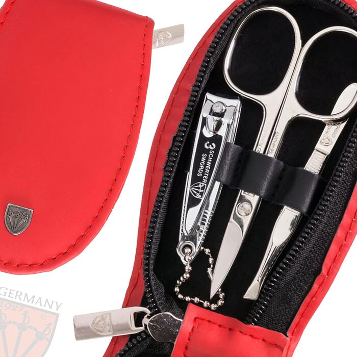 Набір манікюру Drei Schwertter 'Olbia' 6 предметів - нігетюї з натуральної шкіри червоного кольору | Ніж для шкіри, ножиці для нігтів, пінцет скошений, двосторонній інструмент, кусачки для нігтів, напільник з сапфіру червоного кольору - ЕКОШКІРА