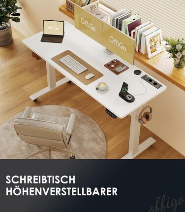 OffiGo Electric Standing Desk with USB Ports - Height Adjustable Desk for Home & Office - Memory Function, White - 140x54cm