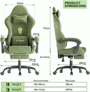 Геймерське крісло Ferghana Ergonomisch LW210: зручне крісло для комп'ютера з підголівником, подушкою для попереку, підлокітниками та підставкою для ніг (Зелений)