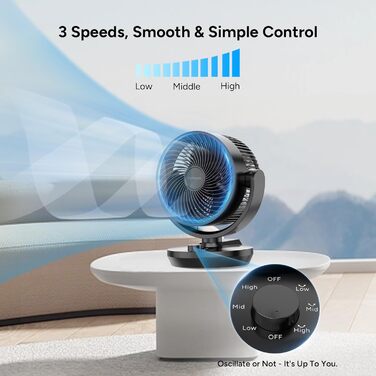 Вентилятор настільний DR.PREPARE, 25 дБ, тихий, ефективне охолодження, 3 швидкості, таймер 2-12 годин, осциляція 90°, 8 дюймів