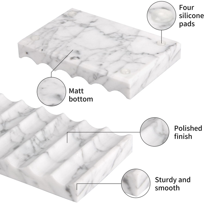 Склянка для мила з мармуру з отвором Carrara: прямокутна, хвиляста, самостійно спорожняється, для ванної кімнати та кухні