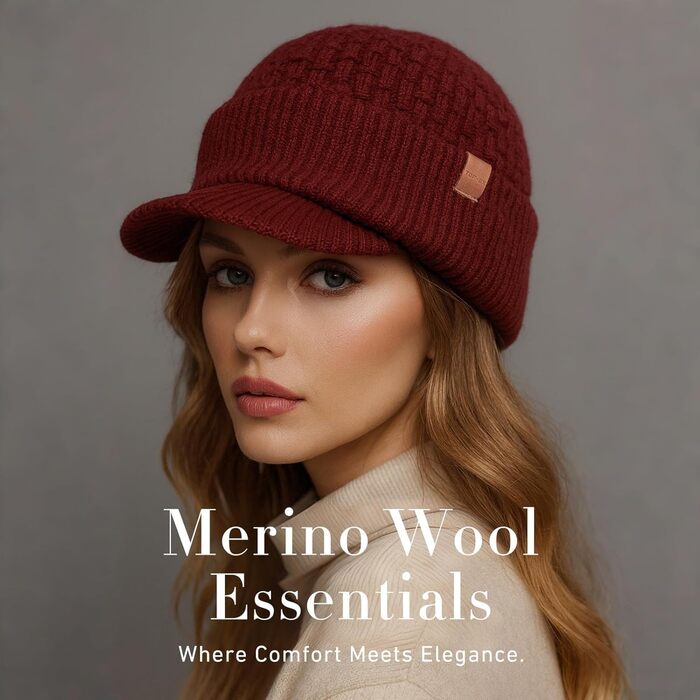 Шапка в'язана з мериносової вовни TOP-EX PolarWool™ для чоловіків та жінок, з підкладкою з флісу, для занять спортом, катання на лижах, тепла зимова шапка, M-XXL (Бордовий, XL-XXL)