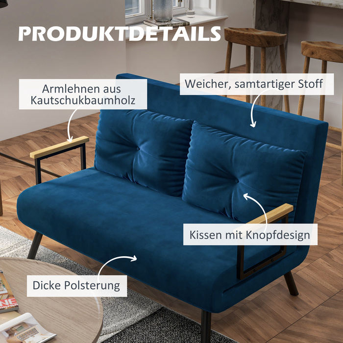 HOMCOM Sleeper Sofa Recliner with Bed Function, Convertible Sofa Bed in Velvet, Adjustable Backrest, Blue 102x73x81cm, ideal for guest rooms