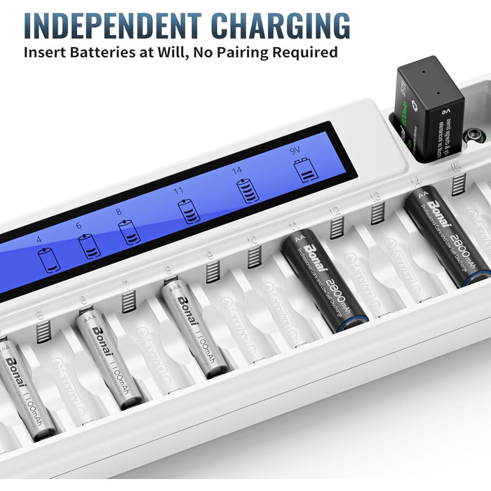 Зарядний пристрій BONAI для акумуляторів 18 слотів, універсальний, швидкий, LCD, для AA, AAA, 9V, NI-MH/NI-CD