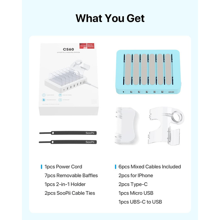 Зарядна станція SooPii USB 60W/12A, 6 портів, органайзер для декількох пристроїв з тримачем для Apple Watch, 6 кабелів (синій)