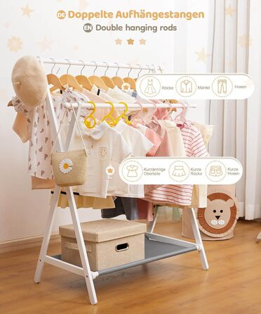 Дитяча вішалка для одягу Yorbay з бамбука, подвійна регульована штанга, полиці для зберігання, біла