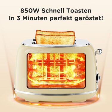 Ретро тостер на 2 тости з нержавіючої сталі – з підставою для булочок, 6 рівнів підсмажування, функція підігріву та розморожування, автовимкнення, кремовий колір, ідеальний для сендвічів та тостів – TS-R008