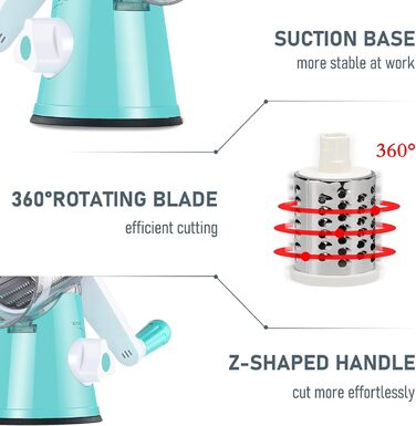 Ручна овочева тертка з ручкою та 3 насадками - Turbo Cut, для овочів, сиру, льоду, горіхів (блакитна)