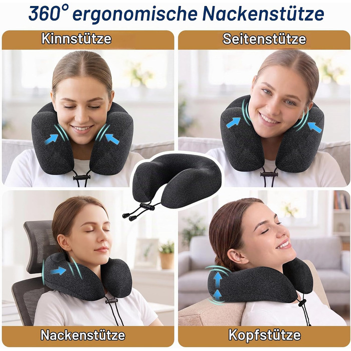 Подушка для подорожей Kobete з ефектом пам'яті (Memory Foam) для шиї, набір для сну в літаку, авто та поїзді: з 3D-маскою, берушами та сумкою, чорна