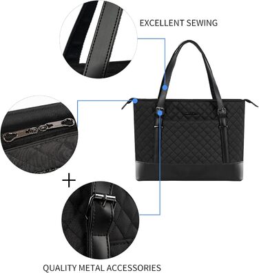 Сумка для ноутбука KROSER жіноча чорна елегантна 15.6 дюймів, велика легка сумка-тоут для бізнесу, школи, подорожей - стебнована