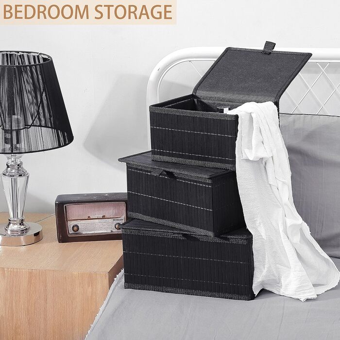 Honeycomb Storage Basket with Lid, Woven - Bamboo Decor Storage Boxes, Set of 3 Rattan Basket with Lid Woven Fabric Insert for Bathroom Kitchen Shelf Organization (Large/Medium/Small) (Black Box)