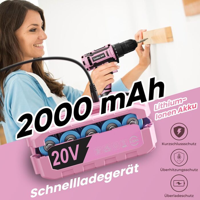 Акумуляторний шуруповерт 20V з набором аксесуарів 85 шт. (85tlg), 42Н.м, 2000mAh, 25+1 момент, 10мм патрон, легкий, LED, рожевий (для подарунка на День святого Валентина)