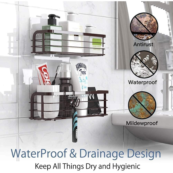 Avoalre Shower Caddy without Drilling, 2 Pack Shower Shelf with 1 Movable Hook, Load Capacity 10KG Shower Shelf Bronze Shower Storage