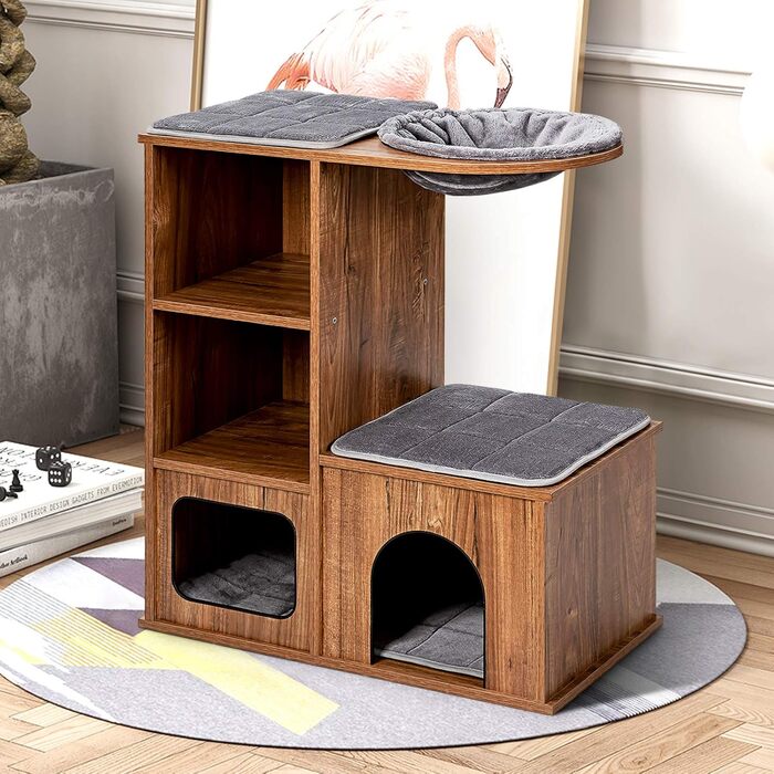 Кігтеточка для котів COSTWAY з будиночком та килимками, дерев'яний дім-кігтеточка, активний комплекс для котів 69x39x80,5 см, вінтажний стиль